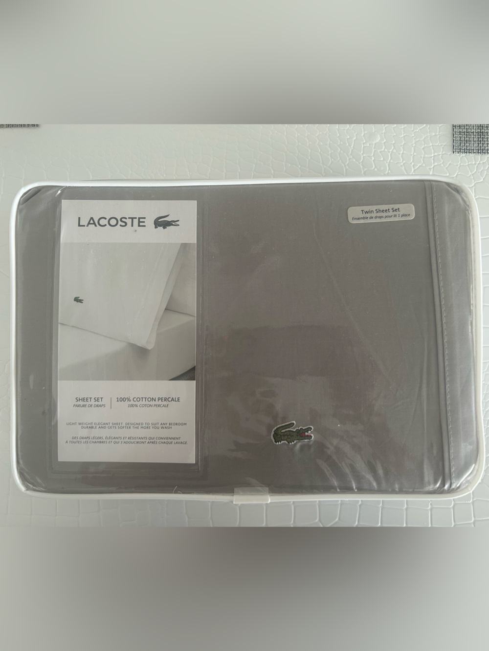 Lacoste Gray Sheet Set with Green Crocodile Logo Embroidery